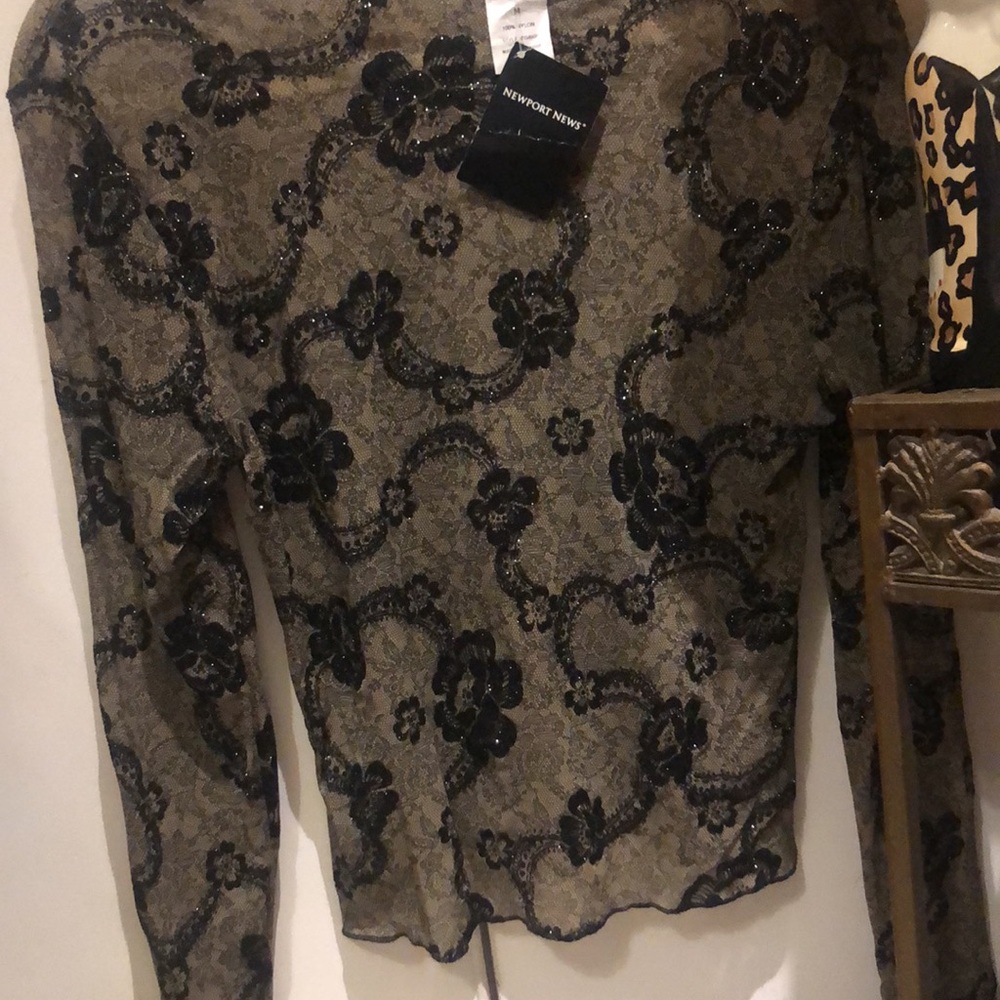 Newport news, sexy see-through stretchy mesh top- lots of glimmer sparkle M.